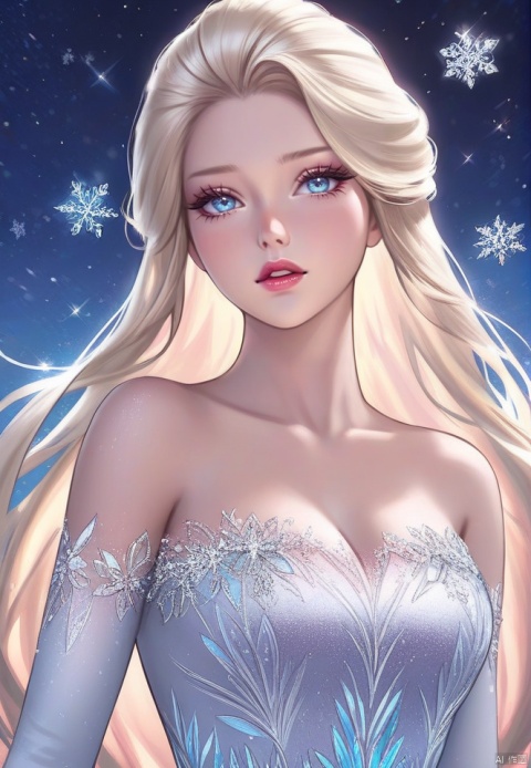  (best quality), ((masterpiece)), (highres), illustration, original, extremely detailed,1girl, elsa \(frozen\), long hair, solo, blue eyes, breasts, bare shoulders, sparkle, upper body, looking at viewer, dress, snowflakes, parted lips, makeup, cleavage, blonde hair, eyeshadow, white hair, strapless dress, multicolored hair, strapless, medium breasts, collarbone, eyelashes