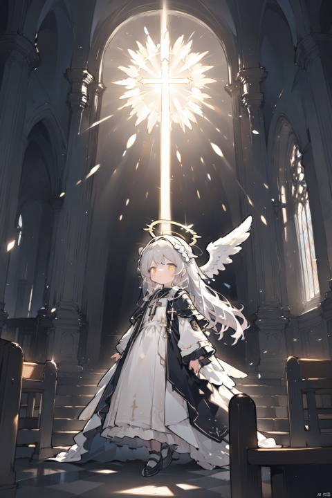  An angel with angels of light and shadow behind her guarding her, very holy, with a halo and a cross, inside a church