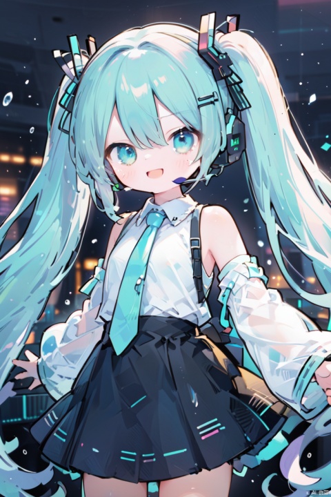 1girl, black_skirt, blurry, blurry_background, blurry_foreground, cowboy_shot, depth_of_field, detached_sleeves, eighth_note, eyebrows_visible_through_hair, floating_hair, green_eyes, hair_between_eyes, hair_ornament, hatsune_miku, headset, long_hair, miniskirt, musical_note, necktie, open_mouth, outstretched_arm, outstretched_arms, pleated_skirt, shirt, skirt, sleeveless, smile, solo, tears, twintails, very_long_hair, water_drop