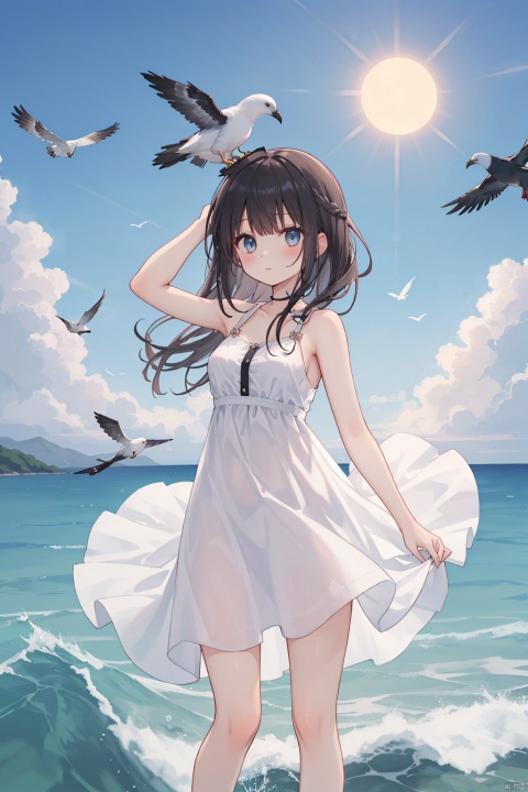 1girl, angel, animal, animal_on_arm, bare_shoulders, bat, bird, bird_on_hand, bird_on_head, bird_on_shoulder, black_feathers, breasts, cloud, crow, day, dove, dragonfly, dress, eagle, feathered_wings, feathers, flock, flying, horizon, long_hair, ocean, outdoors, pigeon, seagull, sky, solo, sun, water, waves, white_dress, white_feathers, wind