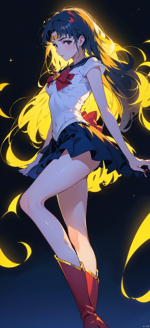  1 girl, with long yellow hair, high legs, high legs, high kicks, exquisite black stockings, medium chest, slender waist, looking down, the best quality, masterpiece, original, very, very good quality, representative work, very detailed, beautiful face, black eyes, long hair, long legs, red boots, seductive eyes, sailor moon, starry background, modern technology city

