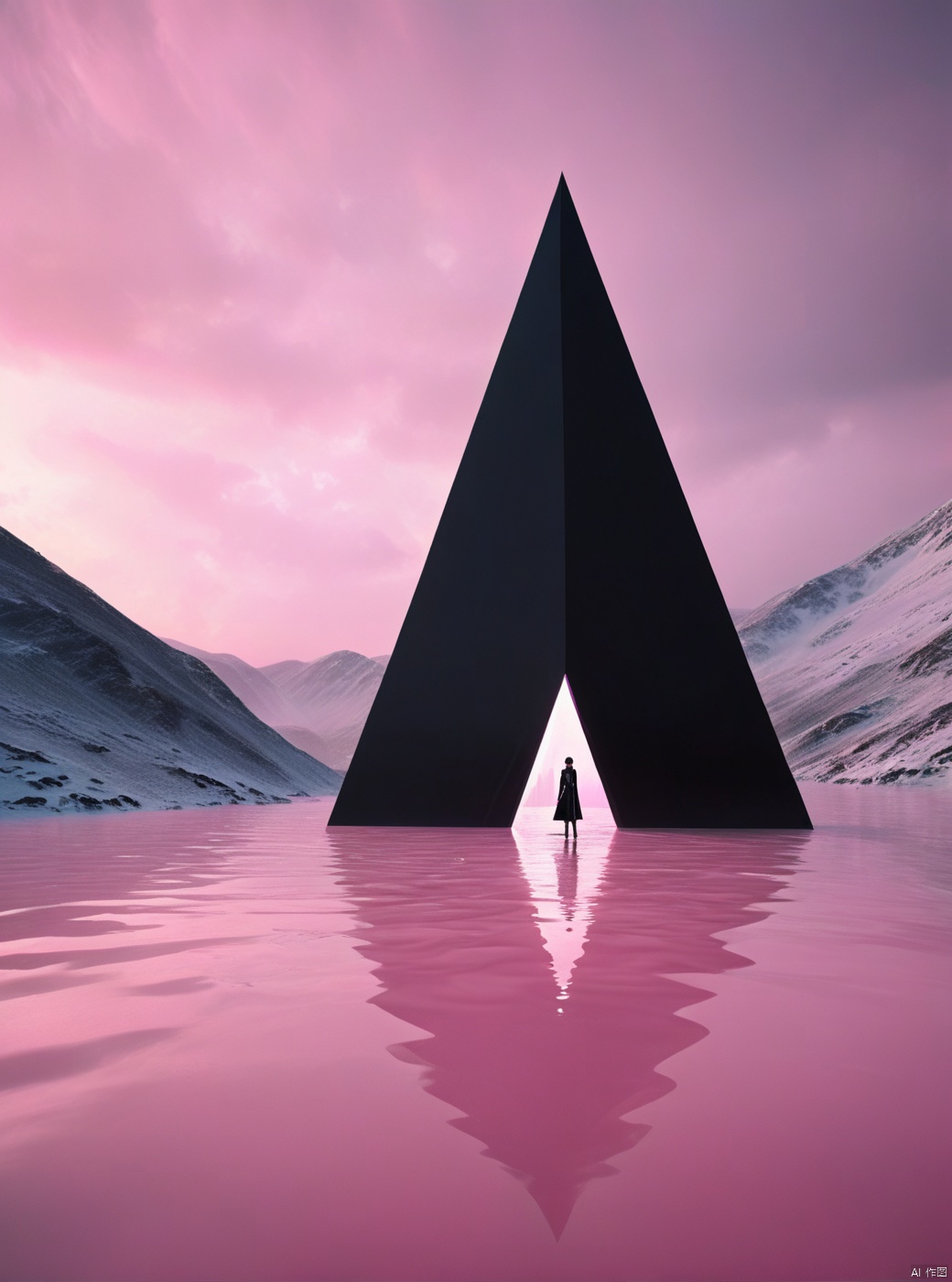 Very exquisite, 8K, independent and black with a huge inverted triangular building floating in the center of the snow, light pink, with a figure on the roof and water surface. First person perspective, glowing wedding dress, tight shorts, white hair, boots, long legs, pink lines, daytime, rainy days, high details, complex details, super details, ultra clear, high-quality, futuristic, silhouette, horizon, looking at wide-angle lens, technological, high angle, futuristic style, stunning visual effects from above