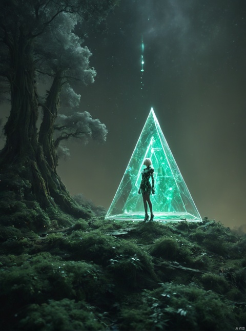 Green, robot in the air, exploding, very exquisite, 8K, beautiful: 1.2. High detail, ultra detail, ultra clear, high-quality, low headed forest, technology, future, Mars, standing at the top of a big tree, her entire body (revealing her lower body), a girl standing in a huge inverted triangle building (equilateral triangle) floating in mid air, sparkling during the day, tight wedding dress shining, cloak, white hair, high heels, long legs, contour, horizon, cyberpunk, wide-angle lens, high angle, Future style, neon lights, rising winds, stunning visual background