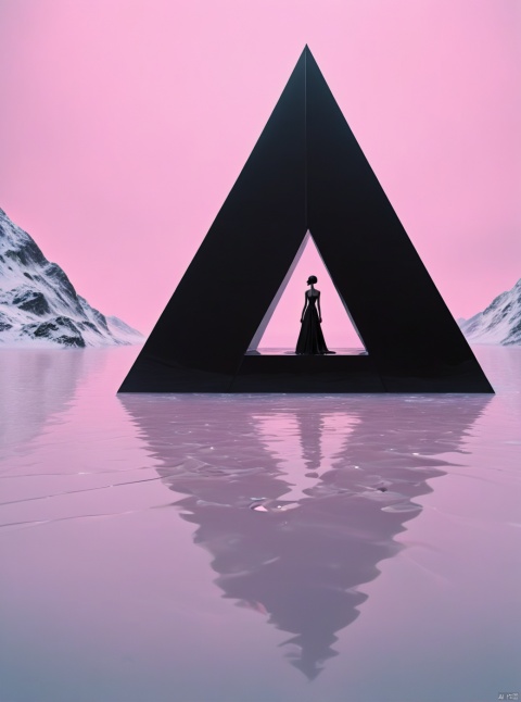 Very exquisite, 8K, a large inverted triangular independent black building floating in the center of the snow, light pink, with a figure on the roof and water surface. First person perspective, glowing wedding dress, tight shorts, white hair, boots, long legs, pink lines, daytime, rainy days, high details, complex details, super details, ultra clear, high-quality, futuristic, silhouette, horizon, looking at wide-angle lens, technological, high angle, futuristic style, stunning visual effects from above