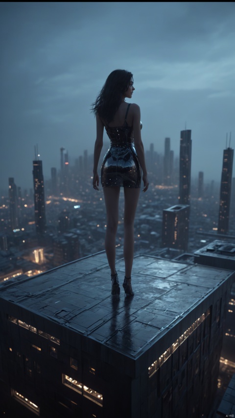 Very exquisite, 8K, beautiful: 1.2. Space elevator, a girl standing in the universe, wearing tight fitting clothes, short skirts, high heels, long legs, high details, complex details, super details, ultra clear, high-quality, overlooking the city, with a sense of technology, futuristic, starry sky, moonlight, and starlight. Standing on the top of the city, her whole body (revealing her lower body), silhouette, smile, horizon, cyberpunk, standing on the roof, looking at the wide-angle lens from above, high angle, oil painting style, Futurism style, magical lighting, stunning visual effects background,