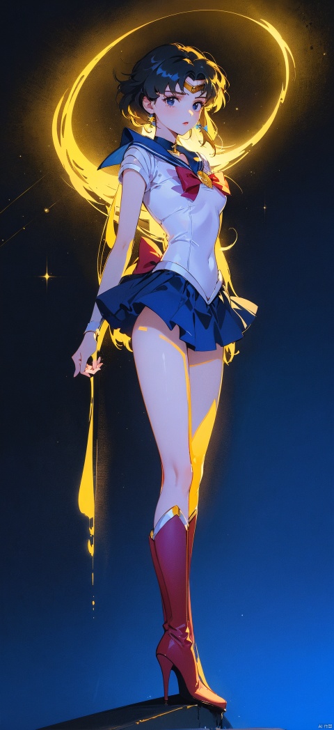  1 girl, with long yellow hair, high legs, high legs, high kicks, exquisite black stockings, medium chest, slender waist, looking down, the best quality, masterpiece, original, very, very good quality, representative work, very detailed, beautiful face, black eyes, long hair, long legs, red boots, seductive eyes, sailor moon, starry background, modern technology city

