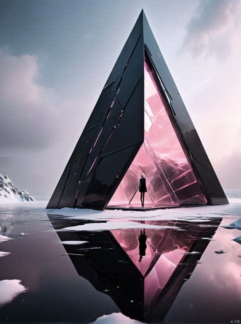 Very exquisite, 8K, independent and black with a huge inverted triangular building floating in the center of the snow, light pink, with a figure on the roof and water surface. First person perspective, glowing wedding dress, tight shorts, white hair, boots, long legs, pink lines, daytime, rainy days, high details, complex details, super details, ultra clear, high-quality, futuristic, silhouette, horizon, looking at wide-angle lens, technological, high angle, futuristic style, stunning visual effects from above