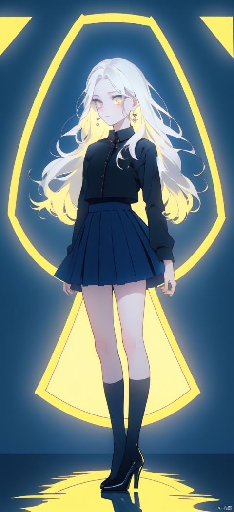 Extremely exquisite, 8K, super details, super clarity, high quality, high quality, a girl holding a card, standing on the water surface, reflection, ultra wide-angle lens, glowing earrings, school uniform, high cold, tearful, shining eyes, eyes of medium size, white hair, ultra white skin, black pupils, white long hair, tight top, pleated skirt, long socks, high heels, geometric background, high legs, elegant
