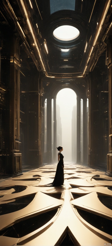 Very exquisite, 8K, beautiful: 1.3. On the roof, a girl stands in the hall from a super far perspective. The ceiling inside, the grand building (equilateral triangle), is futuristic, with a black wedding dress, a glowing body, very beautiful, high heels, long legs, indoor, high details, complex details, super details, ultra clear, high-quality, three body civilization, sand dunes, with a sense of technology, futurism, her entire body (revealing the lower body), aerial objects, Outline, fierce, horizon, cyberpunk, from above, wide-angle lens, high angle, futuristic style, and stunning visual effects,