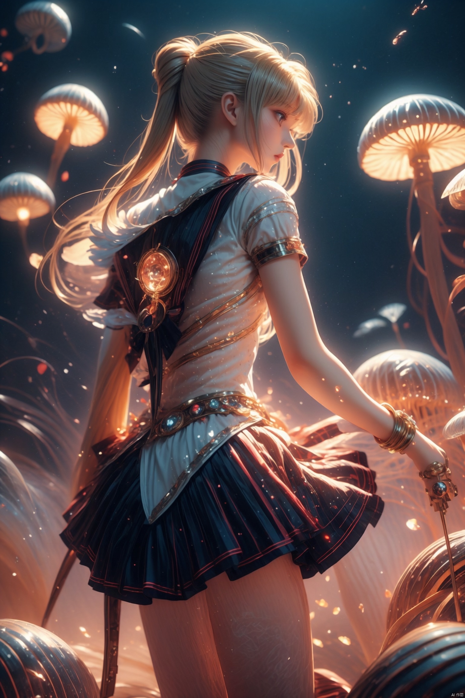  1 girl, wearing collectible space age pearl bracelet, high legs, pleated skirt, long socks, high heels, soft focus, modern art, (key light: 1.2), glowing eyes, flowers, jellyfish, grayscale, sparkling, rune, (light stripes: 1.3), (highly detailed: 1.3), 8K, jellyfish forest, fractal, smoke, clouds, soaring in the clouds, colorful hair, colored smoke, smoke, multi-dimensional diffraction paper, luminescence, , tsukino usagi