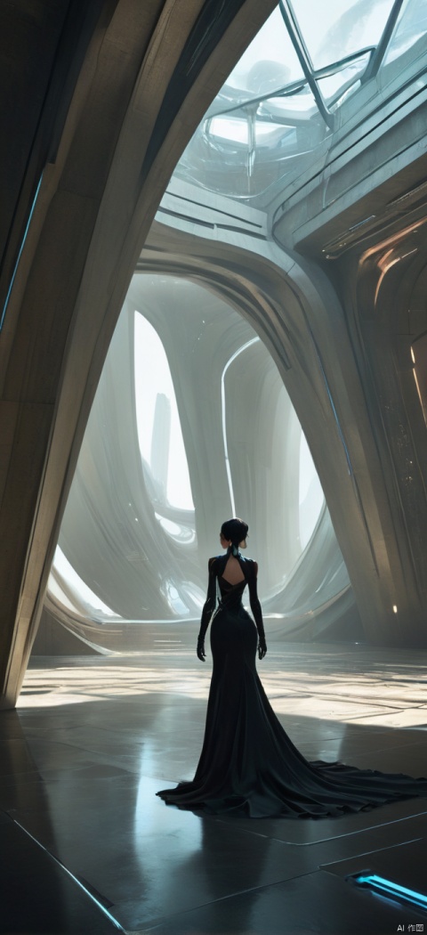 Very exquisite, 8K, beautiful: 1.3. On the roof, a girl stands in the hall from a super far perspective, with a spectacular triangular ceiling, grand architecture (equilateral triangle), a sense of technology, black wedding dress, glowing body, very beautiful, high heels, long legs, indoor, high details, complex details, super details, ultra clarity, high quality, three body civilization, sand dunes, a sense of technology, futurism, her entire body (revealing lower body), aerial objects, Outline, fierce, horizon, cyberpunk, from above, wide-angle lens, high angle, futuristic style, and stunning visual effects,