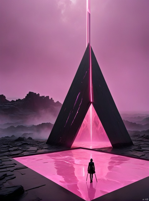 Very exquisite, 8K, misty, independent and black, with a huge black inverted triangle building floating in the center of the lava, an hourglass, a sky full of dust, light pink, and a girl holding a sword on the roof. First person perspective, glowing wedding dress, tight shorts, white hair, boots, long legs, pink lines, daytime, rainy days, high details, complex details, super details, ultra clear, high-quality, futuristic, silhouette, horizon, viewing wide-angle lens, technology, high angle, futuristic style, stunning visual effects from above, jingjing