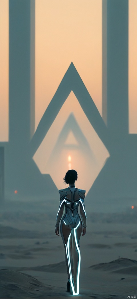 Very exquisite, 8K, beautiful: 1.2. On the roof, a girl stands in front of an inverted equilateral triangle, a huge inverted triangle building, tight fitting, wedding dress, glowing body, very beautiful, high heels, long legs, desert, inverted triangle building, high details, complex details, super details, super clarity, high quality, overlooking the city, Trisolarans civilization, sand dunes, spacecraft filled with space in the sky, with a sense of technology, futurism, night, Standing at the top of the city, her entire body (revealing her lower body), aerial objects, silhouettes, smiles, horizon, cyberpunk, looking at wide-angle shots, high angles, futuristic style, and stunning visual effects from above,