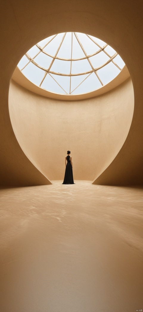  Very exquisite, 8K, beautiful: 1.3. On the roof, a girl stands in the hall from a super far perspective. The ceiling inside, the grand building (equilateral triangle), is futuristic, with a black wedding dress, a glowing body, very beautiful, high heels, long legs, indoor, high details, complex details, super details, ultra clear, high-quality, three body civilization, sand dunes, with a sense of technology, futurism, her entire body (revealing the lower body), aerial objects, Outline, fierce, horizon, cyberpunk, from above, wide-angle lens, high angle, futuristic style, and stunning visual effects,