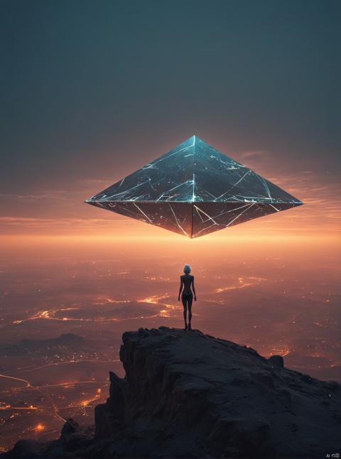 Desert, the gate of the sky appears in the air, very exquisite, 8K, beautiful: 1.2. High detail, ultra detail, ultra clear, high quality, looking up at the grassland, technology, future, Mars, standing at the top of the city, her entire body (revealing her lower body), a girl standing in a huge inverted triangle building (equilateral triangle) floating in mid air, sparkling at night, tight wedding dress, cloak, white hair, high heels, long legs, silhouettes, horizon, cyberpunk, looking at wide-angle shots, high angles, Future style, neon lights, windy, stunning visual background,