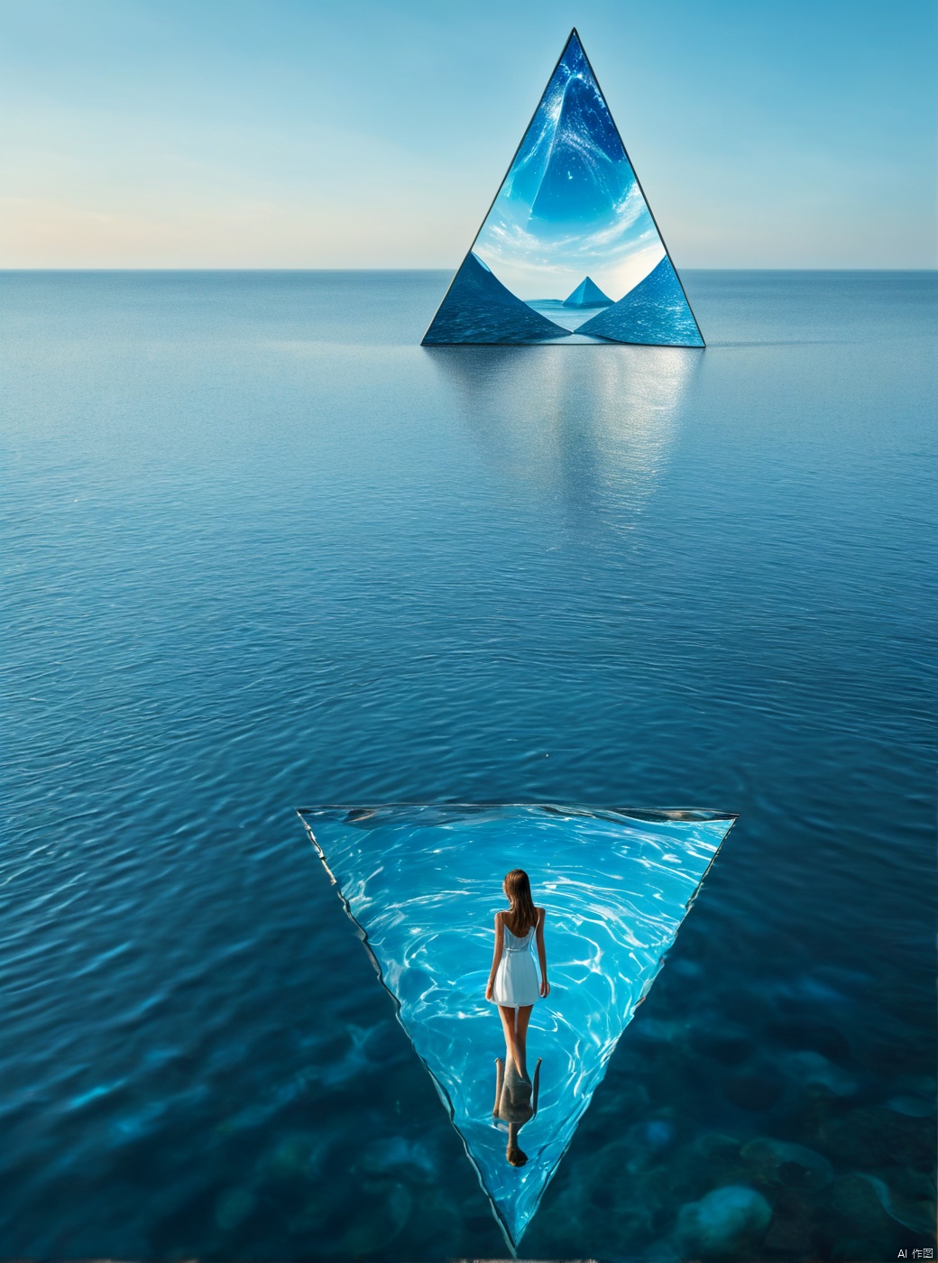 Blue ripples on the water surface, satellite view, with a huge reflection of three triangular buildings floating in the center by the seaside. There are many pendants in the sky, and a girl in the distance is shining in a slit dress, white hair, boots, long legs, white lines, daytime, high details, complex details, super details, ultra clear, high-quality, watching wide-angle lenses, high angles