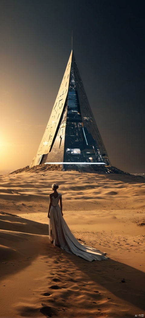 Inverted triangular building floating in the air, very exquisite at night, 8K, beautiful: 1.2. A girl stands in front of a giant inverted triangle building (equilateral triangle), with a wedding dress, glowing all over her body, high heels, long legs, inverted triangle building, high details, complex details, super details, super clarity, high quality, overlooking the city, the Trisolaran civilization, sand dunes, with a sense of science and technology, futurism, space station, subverting the city, Saturn, standing at the top of the city, her entire body (revealing the lower body), silhouette, smile, Horizon, cyberpunk, standing on the roof, looking at the wide-angle lens, high angle, futuristic style, and stunning visual background from above,