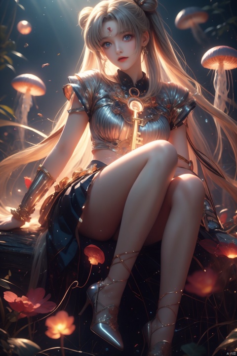 1 girl, wearing collectible space age pearl bracelet, high legs, pleated skirt, long socks, high heels, soft focus, modern art, (key light: 1.2), glowing eyes, flowers, jellyfish, grayscale, sparkling, rune, (light stripes: 1.3), (highly detailed: 1.3), 8K, jellyfish forest, fractal, smoke, clouds, soaring in the clouds, colorful hair, colored smoke, smoke, multi-dimensional diffraction paper, luminescence, , tsukino usagi