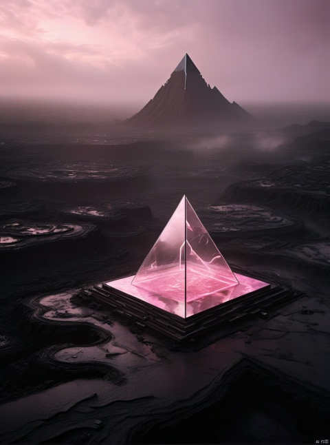 Very exquisite, 8K, foggy, independent and black, with a huge inverted triangle building floating in the center of the lava, an hourglass, light pink, and a figure on the roof. First person perspective, glowing wedding dress, tight shorts, white hair, boots, long legs, pink lines, daytime, rainy days, high details, complex details, super details, ultra clear, high-quality, futuristic, silhouette, horizon, viewing wide-angle lens, technology, high angle, futuristic style, stunning visual effects from above