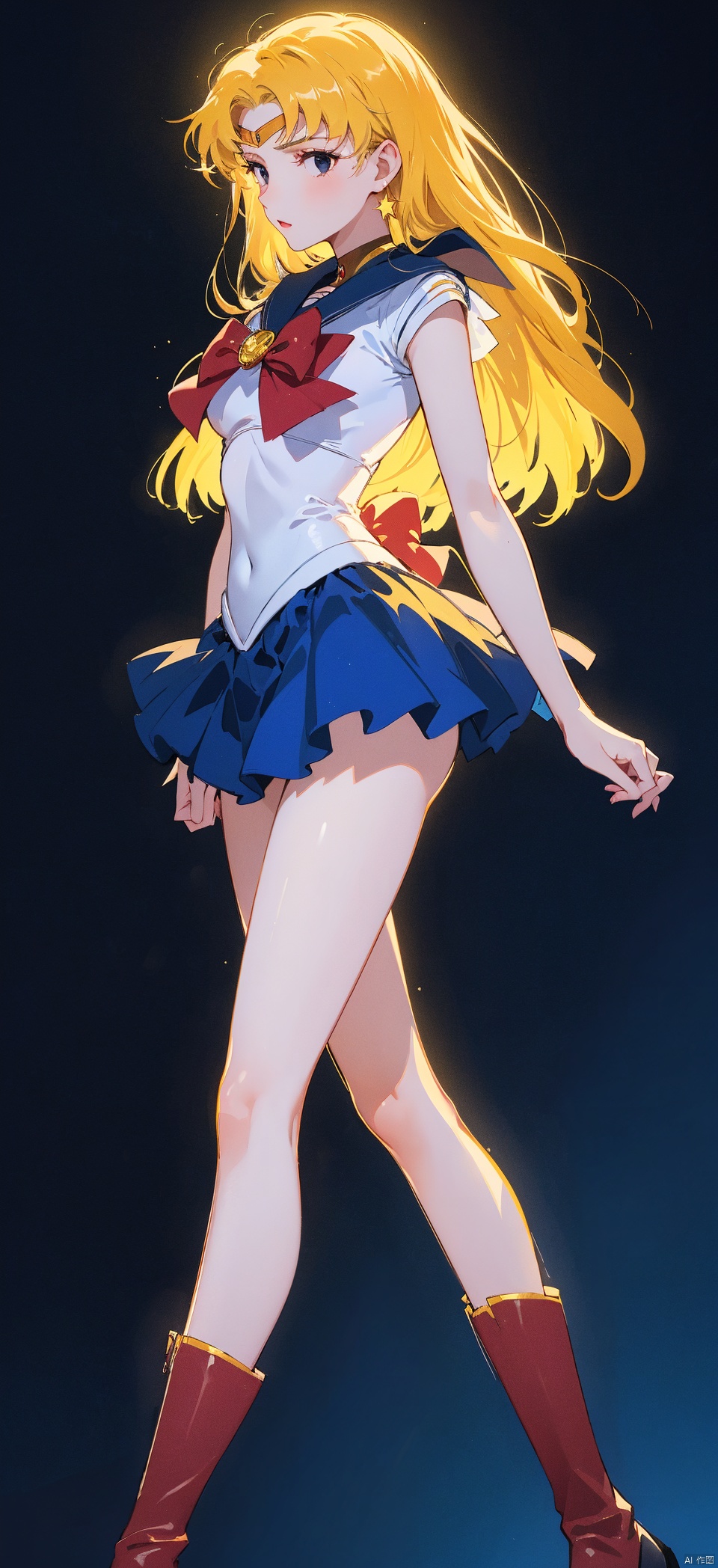  1 girl, with long yellow hair, high legs, high legs, high kicks, exquisite black stockings, medium chest, slender waist, looking down, the best quality, masterpiece, original, very, very good quality, representative work, very detailed, beautiful face, black eyes, long hair, long legs, red boots, seductive eyes, sailor moon, starry background, modern technology city

