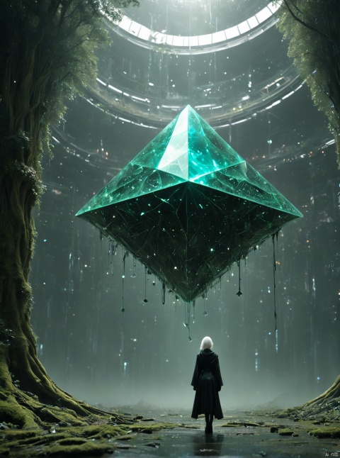 Green, black crystal, flying, very exquisite, 8K, beautiful: 1.2. High detail, ultra detail, ultra clear, high-quality, low headed forest, technology, future, Mars, standing at the top of a big tree, her entire body (revealing her lower body), a girl standing in a huge inverted triangle building (equilateral triangle) floating in mid air, sparkling during the day, tight wedding dress shining, cloak, white hair, high heels, long legs, contour, horizon, cyberpunk, wide-angle lens, high angle, Future style, neon lights, rising winds, stunning visual background