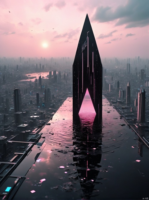 Very exquisite, 8K, independent and black with a huge inverted triangle building floating in the center, light pink, with a figure on the roof and water surface. First person perspective, glowing wedding dress, tight shorts, white hair, boots, long legs, pink lines, daytime, rainy days, high details, complex details, super details, ultra clear, high-quality, futuristic, silhouette, horizon, looking at wide-angle lens, technological, high angle, futuristic style, stunning visual effects from above
