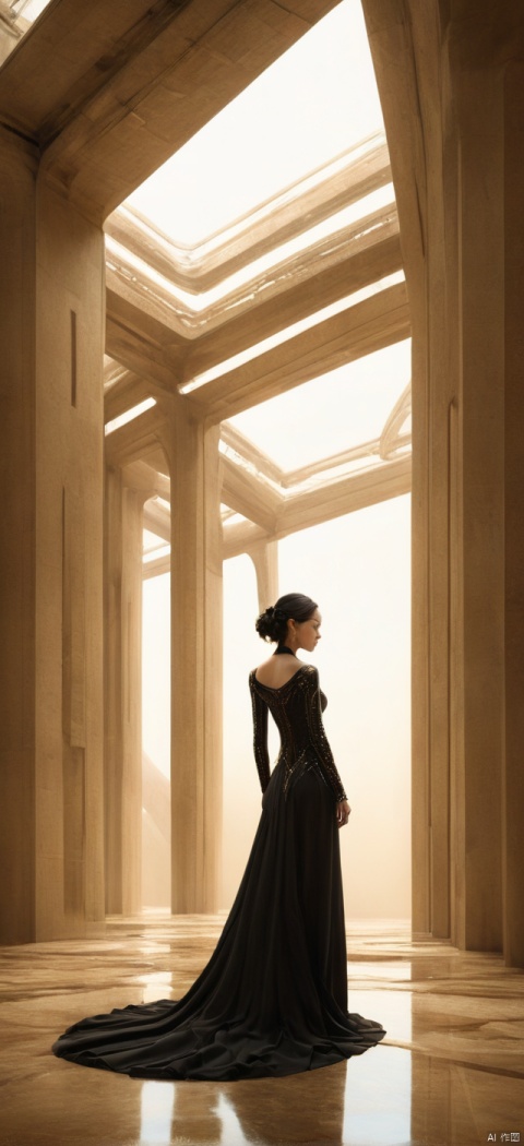 Very exquisite, 8K, beautiful: 1.3. On the roof, a girl stands in the hall from a super far perspective, with a spectacular ceiling, grand architecture (equilateral triangle), a sense of technology, black wedding dress, glowing body, very beautiful, high heels, long legs, indoor, high details, complex details, super details, ultra clarity, high quality, three body civilization, sand dunes, a sense of technology, futurism, her entire body (revealing the lower body), aerial objects, Outline, fierce, horizon, cyberpunk, from above, wide-angle lens, high angle, futuristic style, and stunning visual effects,