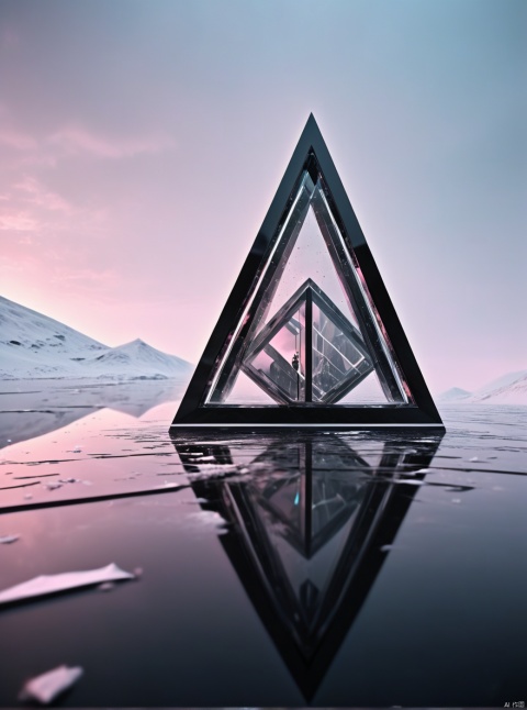 Very exquisite, 8K, independent and black with a huge inverted triangular building floating in the center of the snow, hourglass, light pink, with a figure on the roof and water surface. First person perspective, glowing wedding dress, tight shorts, white hair, boots, long legs, pink lines, daytime, rainy days, high details, complex details, super details, ultra clear, high-quality, futuristic, silhouette, horizon, looking at wide-angle lens, technological, high angle, futuristic style, stunning visual effects from above