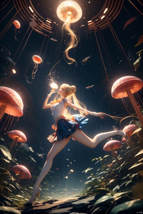 1 girl, wearing collectible space age pearl bracelet, high legs, pleated skirt, long socks, high heels, soft focus, modern art, (key light: 1.2), glowing eyes, flowers, jellyfish, grayscale, sparkling, rune, (light stripes: 1.3), (highly detailed: 1.3), 8K, jellyfish forest, fractal, smoke, clouds, soaring in the clouds, colorful hair, colored smoke, smoke, multi-dimensional diffraction paper, luminescence, , tsukino usagi,blonde hair