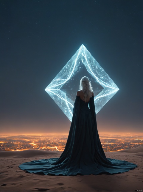 Desert, the gate of the sky appears in the air, very exquisite, 8K, beautiful: 1.2. High detail, ultra detail, ultra clear, high quality, looking up at the grassland, technology, future, Mars, standing at the top of the city, her entire body (revealing her lower body), a girl standing in a huge inverted triangle building (equilateral triangle) floating in mid air, sparkling at night, tight wedding dress, cloak, white hair, high heels, long legs, silhouettes, horizon, cyberpunk, looking at wide-angle shots, high angles, Future style, neon lights, windy, stunning visual background,