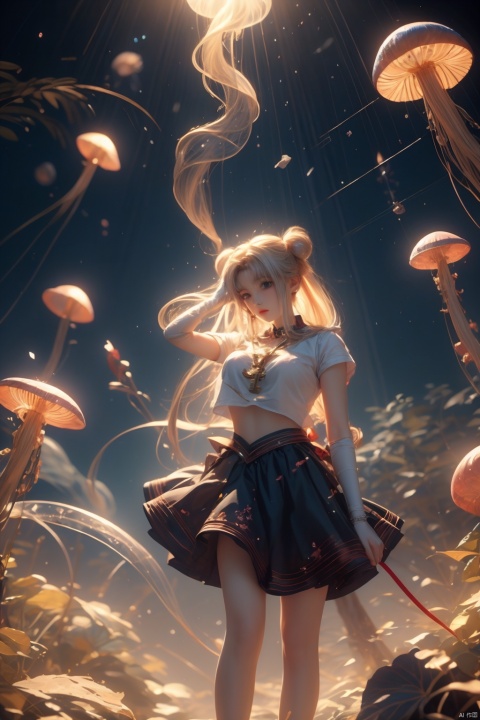 1 girl, wearing collectible space age pearl bracelet, high legs, pleated skirt, long socks, high heels, soft focus, modern art, (key light: 1.2), glowing eyes, flowers, jellyfish, grayscale, sparkling, rune, (light stripes: 1.3), (highly detailed: 1.3), 8K, jellyfish forest, fractal, smoke, clouds, soaring in the clouds, colorful hair, colored smoke, smoke, multi-dimensional diffraction paper, luminescence, , tsukino usagi