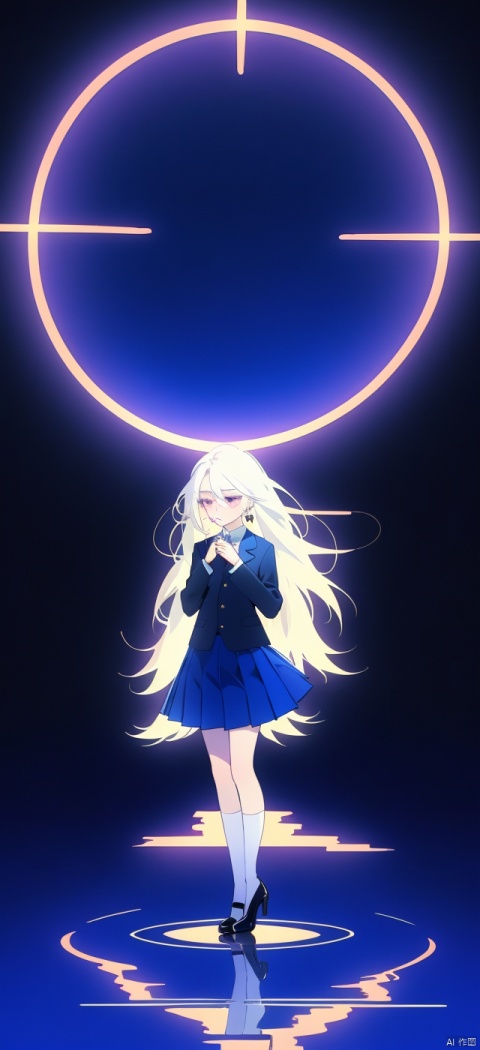  Extremely exquisite, 8K, super details, super clarity, high quality, high quality, a girl holding a card, standing on the water surface, reflection, ultra wide-angle lens, glowing earrings, school uniform, high cold, tearful, shining eyes, eyes of medium size, white hair, ultra white skin, black pupils, white long hair, tight top, pleated skirt, long socks, high heels, geometric background, high legs, elegant
