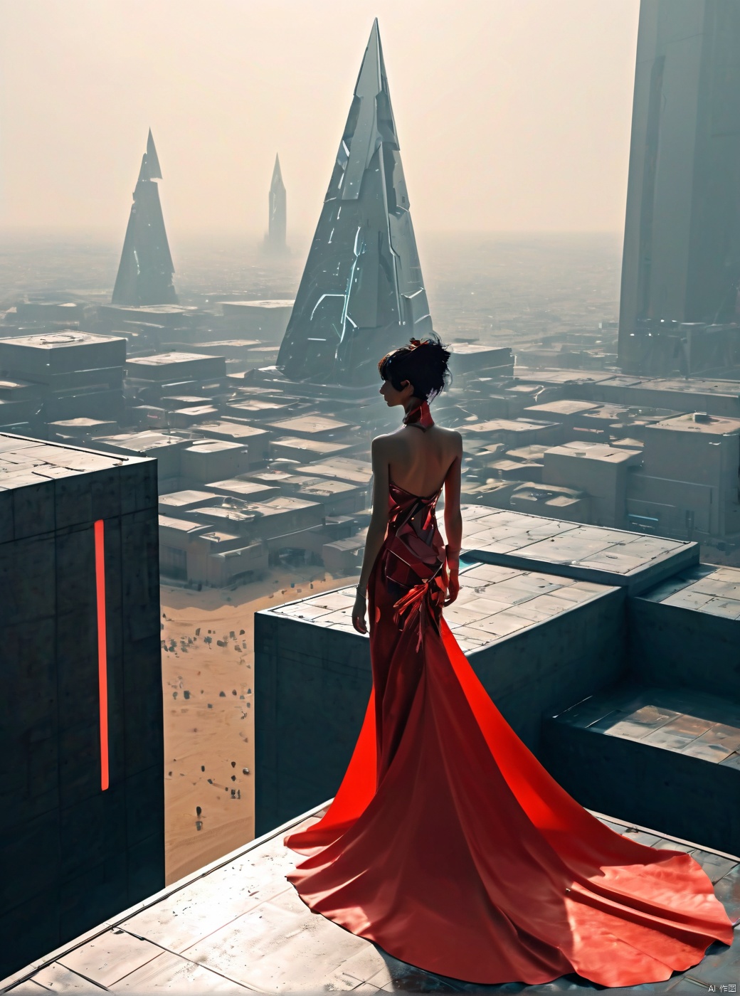 During the day, on rainy days, my whole body sparkles with red, very delicate, 8K, beautiful: 1.2. A girl appears in front of a huge (red inverted triangle shape) bird's-eye view, with a wedding dress, high heels, long legs, inverted triangle architecture, high details, complex details, super details, super clarity, high quality, overlooking the city, Three Body Civilization, sand dunes, technological sense, futurism, standing in the center of the city, her entire body (revealing her lower body), silhouette, horizon, cyberpunk, standing on the roof, looking at wide-angle lenses, high angles, futuristic style, and stunning visual background from above, mir, CDE - spaceship, pyramid