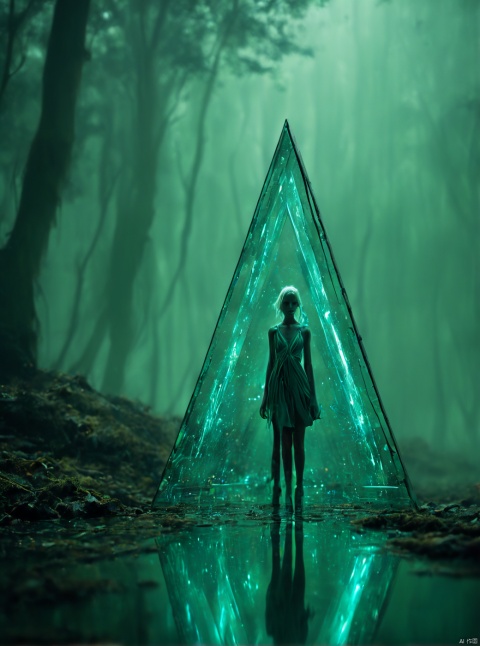 Green, the gate of the sky appears in the air, waterfall, very exquisite, 8K, beautiful: 1.2. High detail, ultra detail, ultra clear, high-quality, low headed forest, technology, future, Mars, standing at the top of a big tree, her entire body (revealing her lower body), a girl standing in a huge inverted triangle building (equilateral triangle) floating in mid air, sparkling during the day, tight wedding dress, cloak, white hair, high heels, long legs, contour, horizon, cyberpunk, wide-angle lens, high angle, futuristic style, Neon lights, windy, stunning visual background, LZBG