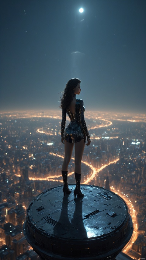 Very exquisite, 8K, beautiful: 1.2. A girl stands in the universe, wearing a tight fitting suit, ultra short skirt, high heels, big long legs, high details, complex details, ultra details, ultra clear, high-quality, overlooking the city, with a sense of technology, futuristic, starry sky, moonlight, and starlight. Standing on the top of the city, her whole body (revealing her lower body), silhouette, smile, horizon, cyberpunk, standing on the roof, looking at wide-angle shots from above, high angles, oil painting style, futuristic style, magical lighting, stunning visual effects background, space station, space elevator,