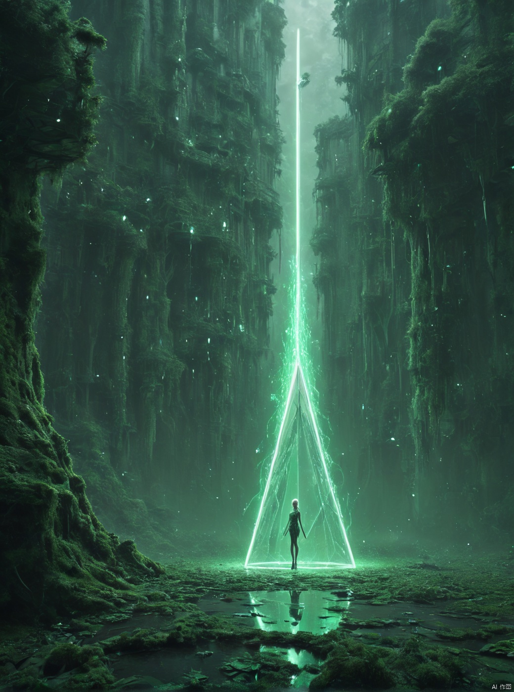 Green, huge door appears in the air, waterfall, very exquisite, 8K, beautiful: 1.2. High detail, ultra detail, ultra clear, high-quality, low headed forest, technology, future, Mars, standing on the top of a big tree, with her whole body (revealing her lower body), a girl stands in a huge inverted triangle building (equilateral triangle) floating in mid air, sparkling during the day. She wears a tight wedding dress and cloak, white hair, high heels, long legs, silhouette, horizon, cyberpunk, wide-angle lens, high angle, futuristic style, neon lights, tornadoes, and stunning visual background,