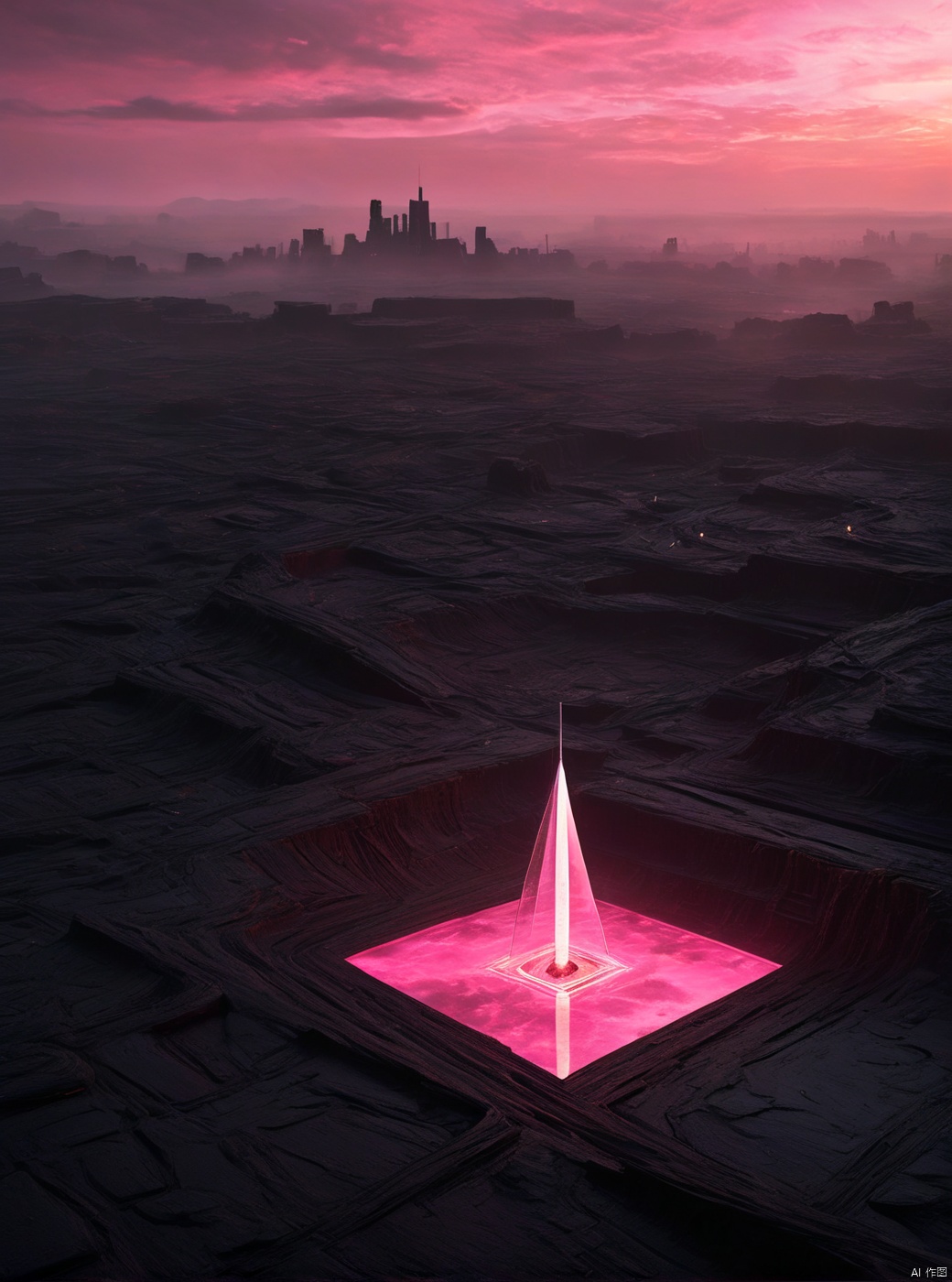 Very exquisite, 8K, misty, independent and black, with a huge black inverted triangle building floating in the center of the lava, an hourglass, a sky full of dust, light pink, and a figure holding a sword on the roof. First person perspective, glowing wedding dress, tight shorts, white hair, boots, long legs, pink lines, daytime, rainy days, high details, complex details, super details, ultra clear, high-quality, futuristic, silhouette, horizon, viewing wide-angle lens, technology, high angle, futuristic style, stunning visual effects from above