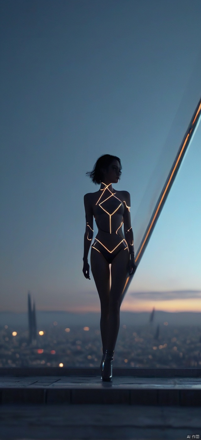 Very exquisite, 8K, beautiful: 1.2. On the roof, a girl stands in front of a super large triangular building, an inverted equilateral triangle, a huge inverted triangle building, a tight fitting, wedding dress, glowing body, very beautiful, high heels, long legs, desert, inverted triangle building, high details, complex details, super details, super clarity, high quality, overlooking the city, three body civilization, sand dunes, spacecraft filled with space in the sky, with a sense of technology and futurism. At night, standing at the top of the city, her entire body (revealing her lower body), silhouette, smile, horizon, cyberpunk, standing on the roof, looking at wide-angle lenses, high angles, futuristic style, from above, it is impressive. Amazing visual effect background,