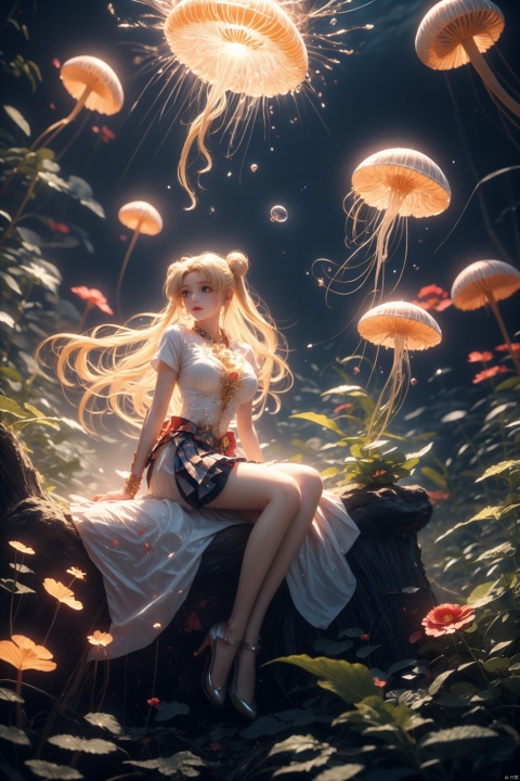  1 girl, wearing collectible space age pearl bracelet, high legs, pleated skirt, long socks, high heels, soft focus, modern art, (key light: 1.2), glowing eyes, flowers, jellyfish, grayscale, sparkling, rune, (light stripes: 1.3), (highly detailed: 1.3), 8K, jellyfish forest, fractal, smoke, clouds, soaring in the clouds, colorful hair, colored smoke, smoke, multi-dimensional diffraction paper, luminescence, , tsukino usagi,blonde hair