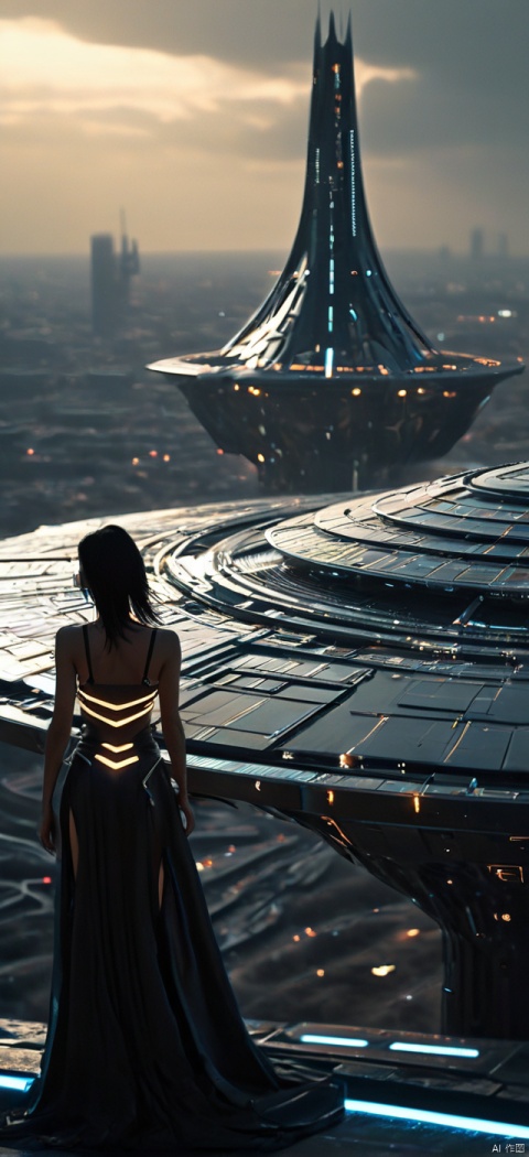 Very exquisite, 8K, beautiful: 1.2. On the roof, a girl stands in front of a super large triangular building, with an inverted equilateral triangle, a huge inverted triangular building, a tight fitting, ultra short leather skirt, a glowing body, very beautiful. High heels, long legs, desert, inverted triangular building, high details, complex details, super details, super clarity, high quality, overlooking the city, Trisolarans civilization, sand dunes, spacecraft filled with space in the sky, with a sense of technology, Futurism, at night, standing at the top of the city, her entire body (revealing her lower body), silhouettes, smiles, horizon, cyberpunk, standing on the roof, looking at wide-angle shots, high angles, futuristic style, and stunning visual backgrounds from above,