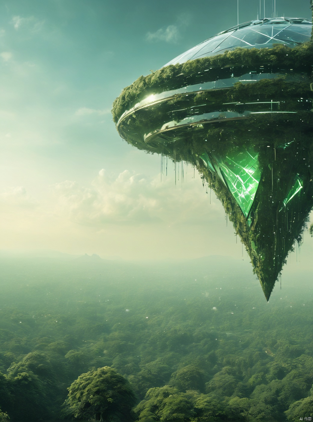 Green, small spaceship, flying, very exquisite, 8K, beautiful: 1.2. High detail, ultra detail, ultra clear, high-quality, low headed forest, technology, future, Mars, standing at the top of a big tree, her entire body (revealing her lower body), a girl standing in a huge inverted triangle building (equilateral triangle) floating in mid air, sparkling during the day, tight wedding dress shining, cape, white hair, high heels, long legs, contour, horizon, cyberpunk, wide-angle lens, high angle, futuristic style, neon lights, windy, stunning visual background