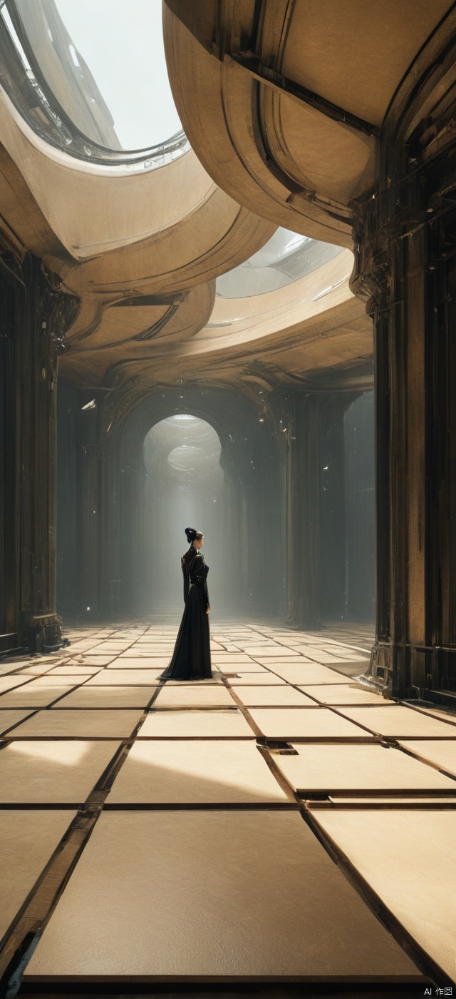 Very exquisite, 8K, beautiful: 1.3. On the roof, a girl stands in the hall from a super far perspective, with a spectacular triangular ceiling, grand architecture (equilateral triangle), a sense of technology, black wedding dress, glowing body, very beautiful, high heels, long legs, indoor, high details, complex details, super details, ultra clarity, high quality, three body civilization, sand dunes, a sense of technology, futurism, her entire body (revealing lower body), aerial objects, Outline, fierce, horizon, cyberpunk, from above, wide-angle lens, high angle, futuristic style, and stunning visual effects,