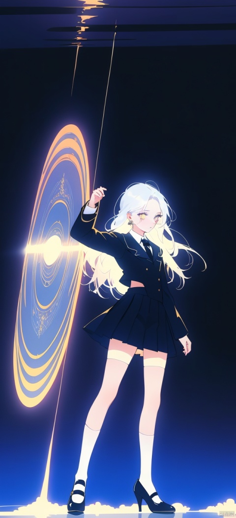  Extremely exquisite, 8K, super details, super clarity, high quality, high quality, a girl holding a card, standing on the water surface, reflection, ultra wide-angle lens, glowing earrings, school uniform, high cold, tearful, shining eyes, eyes of medium size, white hair, ultra white skin, black pupils, white long hair, tight top, pleated skirt, long socks, high heels, geometric background, high legs, elegant
