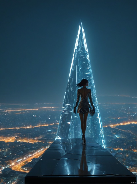 At night, the inverted triangle shaped building is located in the city center, very exquisite, 8K, beautiful: 1.8. High details, complex details, super details, super clarity, high quality, overlooking the city, sand dunes, with a sense of technology, futurism, subverting the city, a girl, wedding dress, sparkling all over, high heels, long legs, silhouette, smile, horizon, cyberpunk, looking at a wide-angle lens, high angle, futuristic style, from above looking at the stunning visual background,