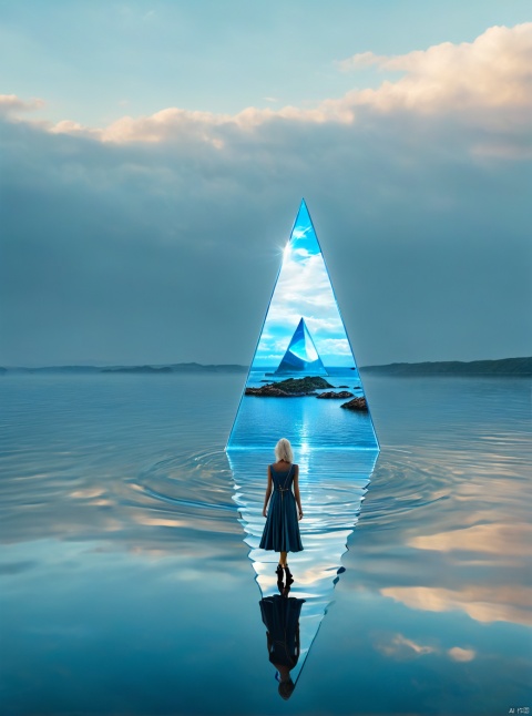 Blue ripples on the water surface, satellite view, with a huge reflection of three triangular buildings floating in the center by the seaside. There are many pendants in the sky, and a girl in the distance is shining in a slit dress, white hair, boots, long legs, white lines, daytime, high details, complex details, super details, ultra clear, high-quality, watching wide-angle lenses, high angles