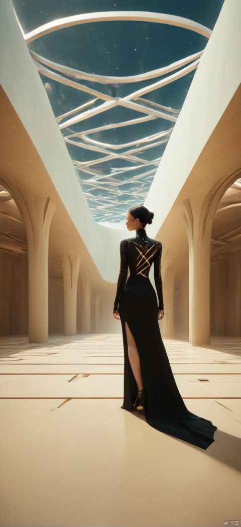 Very exquisite, 8K, beautiful: 1.3. On the roof, a girl stands in the hall from a super far perspective. The ceiling inside, the grand building (equilateral triangle), is futuristic, with a black wedding dress, a glowing body, very beautiful, high heels, long legs, indoor, high details, complex details, super details, ultra clear, high-quality, three body civilization, sand dunes, with a sense of technology, futurism, her entire body (revealing the lower body), aerial objects, Outline, fierce, horizon, cyberpunk, from above, wide-angle lens, high angle, futuristic style, and stunning visual effects,