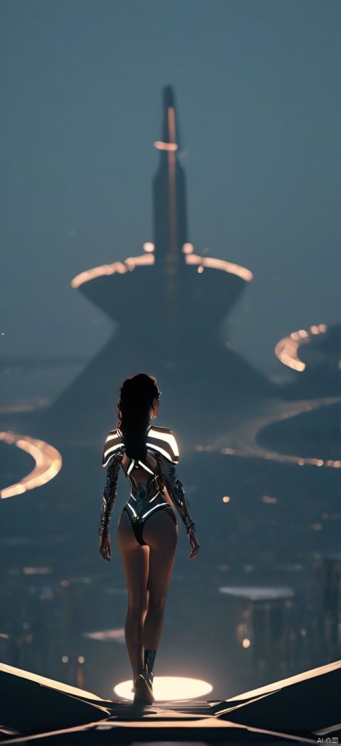 Very exquisite, 8K, beautiful: 1.2. On the roof, a girl stands in front of an inverted equilateral triangle, a huge inverted triangle building, tight fitting, wedding dress, glowing body, very beautiful, high heels, long legs, desert, inverted triangle building, high details, complex details, super details, super clarity, high quality, overlooking the city, Trisolarans civilization, sand dunes, spacecraft filled with space in the sky, with a sense of technology, futurism, night, Standing at the top of the city, her entire body (revealing her lower body), aerial objects, silhouettes, smiles, horizon, cyberpunk, looking at wide-angle shots, high angles, futuristic style, and stunning visual effects from above,