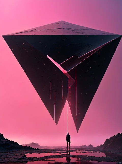 Very exquisite, 8K, misty, independent and black, with a huge black inverted triangle building floating in the center of the lava, an hourglass, a sky full of dust, light pink, and a figure holding a sword on the roof. First person perspective, glowing wedding dress, tight shorts, white hair, boots, long legs, pink lines, daytime, rainy days, high details, complex details, super details, ultra clear, high-quality, futuristic, silhouette, horizon, viewing wide-angle lens, technology, high angle, futuristic style, stunning visual effects from above