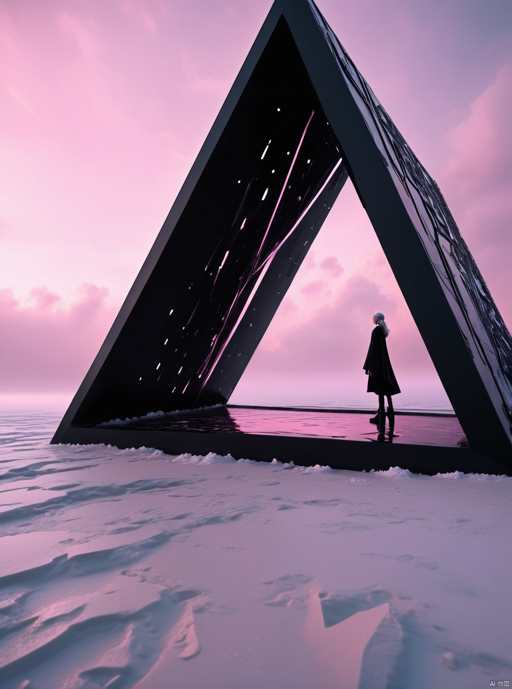 Very exquisite, 8K, a large inverted triangular independent black building floating in the center of the snow, light pink, with a figure on the roof and water surface. First person perspective, glowing wedding dress, tight shorts, white hair, boots, long legs, pink lines, daytime, rainy days, high details, complex details, super details, ultra clear, high-quality, futuristic, silhouette, horizon, looking at wide-angle lens, technological, high angle, futuristic style, stunning visual effects from above