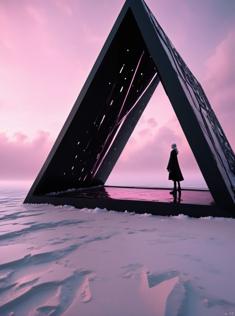 Very exquisite, 8K, a large inverted triangular independent black building floating in the center of the snow, light pink, with a figure on the roof and water surface. First person perspective, glowing wedding dress, tight shorts, white hair, boots, long legs, pink lines, daytime, rainy days, high details, complex details, super details, ultra clear, high-quality, futuristic, silhouette, horizon, looking at wide-angle lens, technological, high angle, futuristic style, stunning visual effects from above